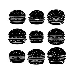 Burgers Silhouette Feast: A striking arrangement of diverse burger silhouettes, capturing the essence of fast food and culinary delights in a monochromatic graphic, offering a feast for the eyes.