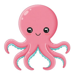 Cute pink cartoon octopus with big eyes and a smiling face.