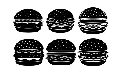 Burger Icon Set: A set of six distinct hamburger icon designs in black and white, each with a different composition of ingredients. Each icon is fully rendered with detailed lines and shapes.