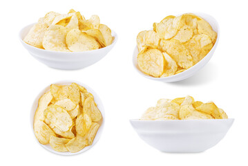 Potato chips in a white bowl with spices on a white isolated background
