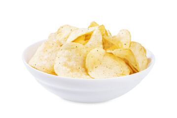 Potato chips in a white bowl with spices on a white isolated background