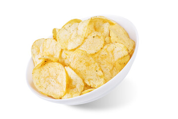 Potato chips in a white bowl with spices on a white isolated background