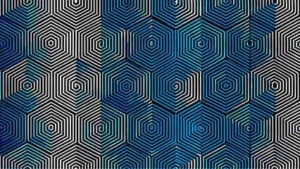 Abstract background with blue and white concentric hexagon shapes forming a geometric pattern design