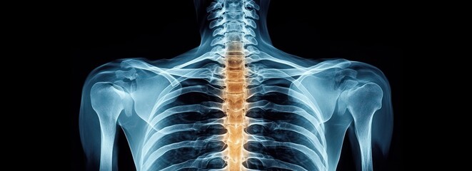 X-ray image showing the human upper torso skeleton focusing on the spine and ribcage with highlighted vertebral column
