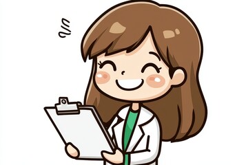 Happy Female Character Holding a Clipboard in a Professional Setting