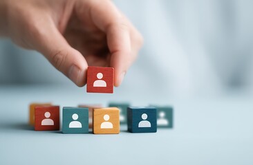 Hand placing a wooden block representing a person onto a group of similar blocks symbolizing teamwork, recruitment, or human resources management.