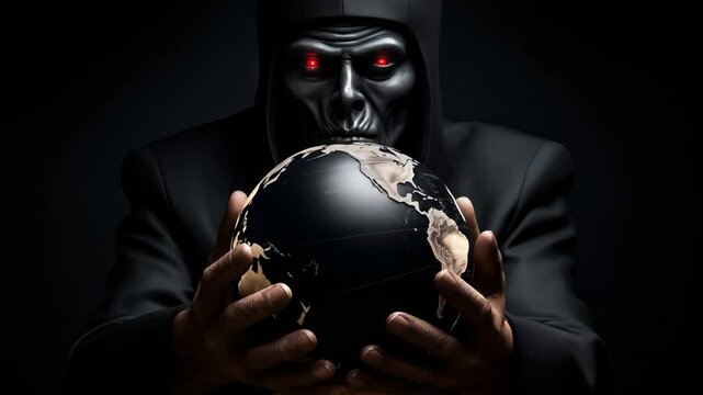 Dark figure with glowing red eyes holding detailed earth globe, symbolizing technological control and world manipulation.