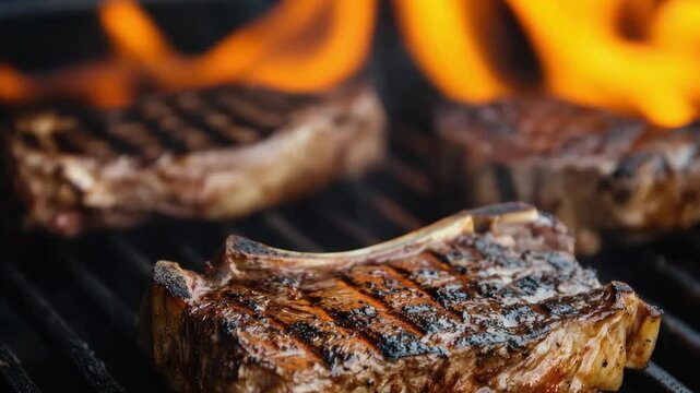 Hot Steamed Steak on a Black BBQ Grid on a Dark Background. Grilled Slice of Medium Rare Beef Steak with Smoke. Juicy Meat Fillet Cooking on a Fire Flame. Close-Up, Front View. Menu, Recipe. Meal