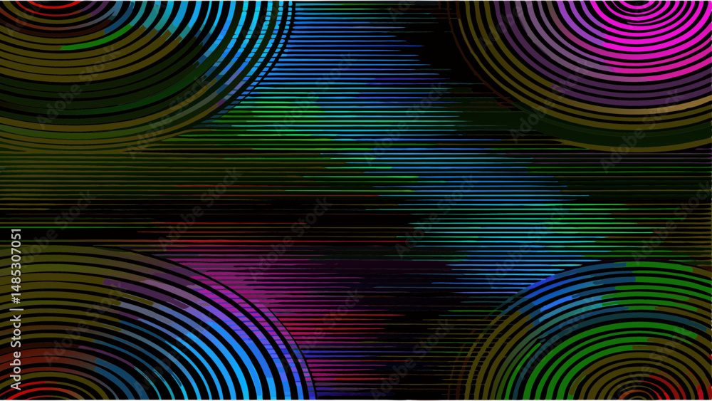 Poster abstract composition featuring concentric circles and horizontal lines in vibrant colors and dark ba