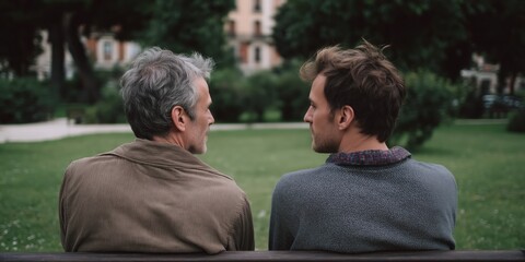 Caucasian elderly male and young male sitting on a park bench in conversation