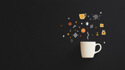 A fun and clever poster with icons like binary code, brackets, pixel art, and a glowing coffee mug