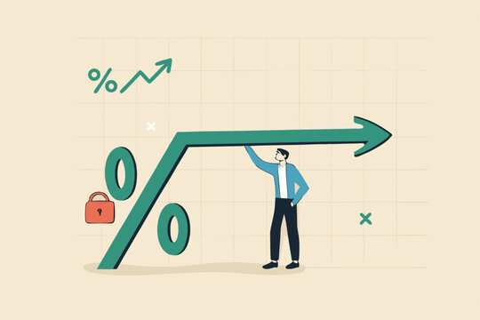 Fixed interest rate, mortgage or loan, fixed cost or constant price, banking or financial return rate concept, businessman real estate owner with fixed percentage sign.