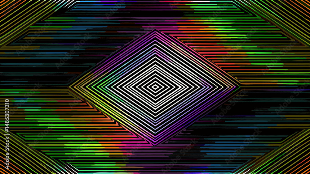 Poster abstract image featuring concentric diamonds and horizontal lines with vibrant colors throughout the