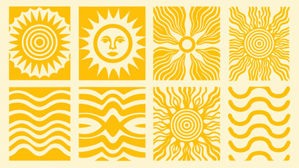 Collection of eight yellow square designs featuring suns with faces waves and radiating lines on light background © Fawad