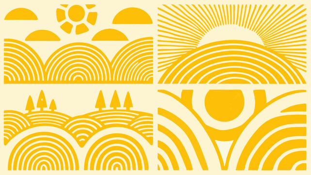 Four panels showing stylized landscapes with sun clouds hills trees and radiating sun in yellow tones