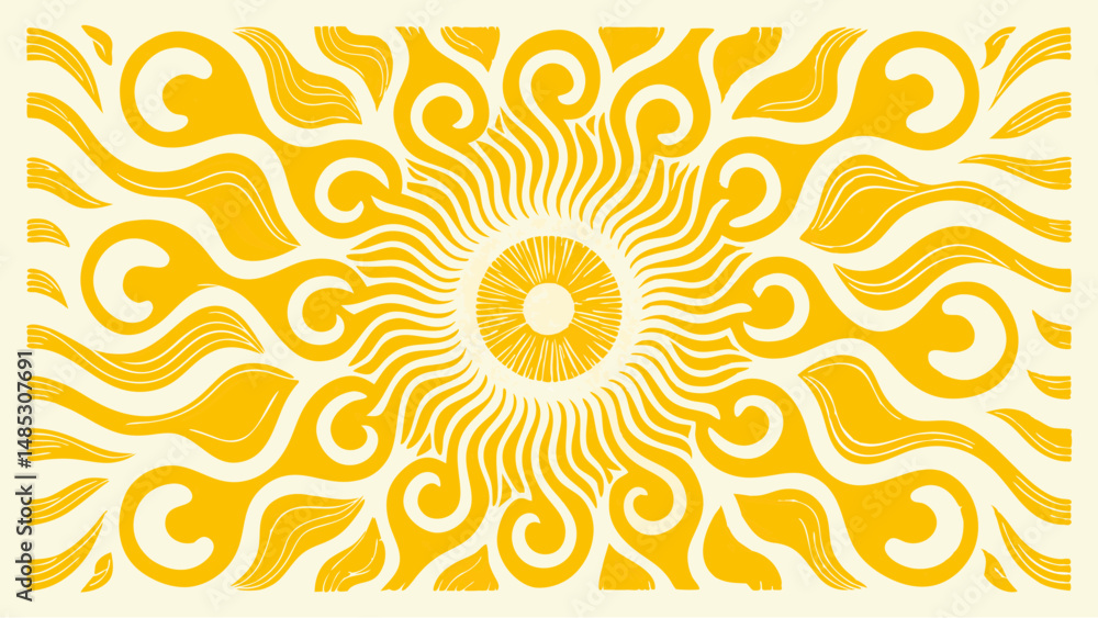 Poster golden sunburst design with swirling patterns and central circular motif on a light background art