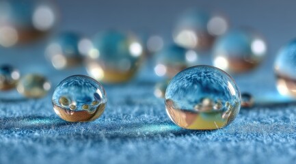 Water droplets on a textured surface.  Close-up view of  transparent, spherical water beads reflecting light