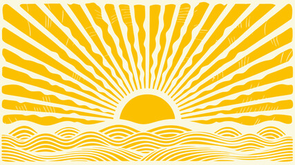 Illustration of a bright yellow sun rising over stylized waves with radiating sunbeams design style