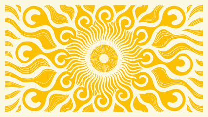 Golden sunburst design with swirling patterns and central circular motif on a light background art