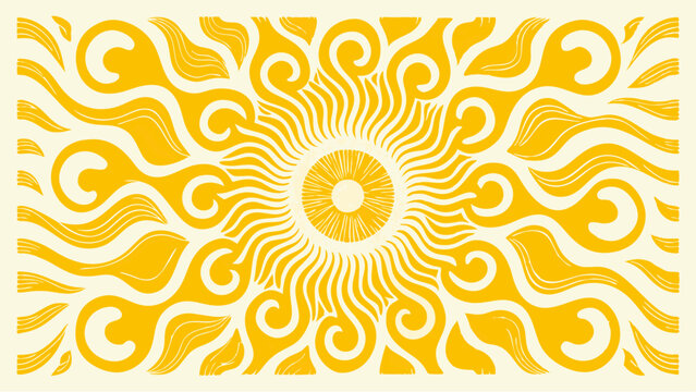 Golden sunburst design with swirling patterns and central circular motif on a light background art