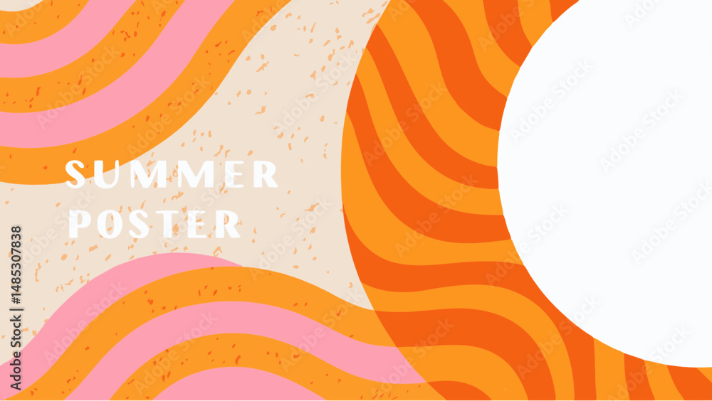 Poster retro summer poster with wavy lines in orange and pink and a white circle for text or image overlay 