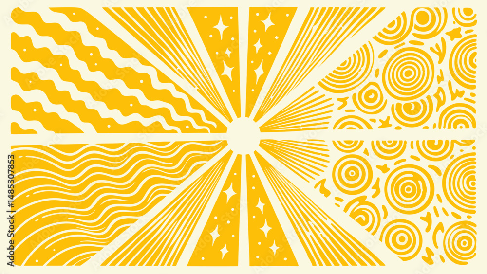 Poster geometric patterns in yellow featuring waves, lines, stars, and circles arranged in a rectangular fo