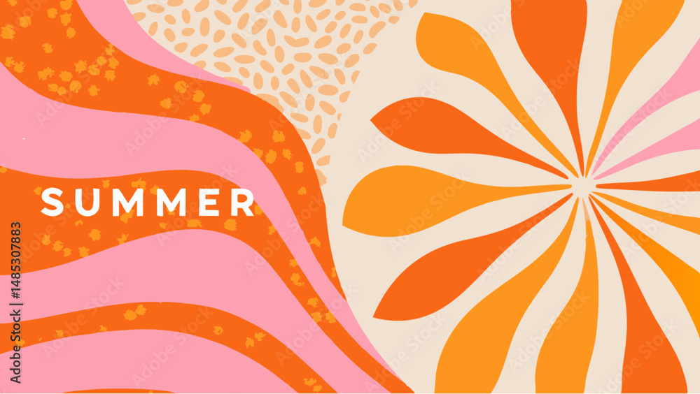 Poster abstract summer themed background with wavy lines, dots and a radial burst pattern in orange and pin