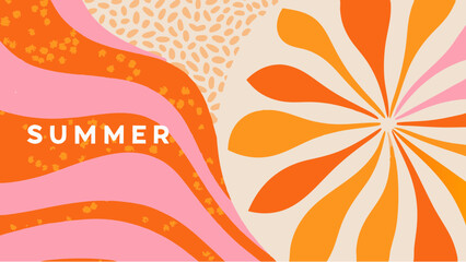 Abstract summer themed background with wavy lines, dots and a radial burst pattern in orange and pink hues