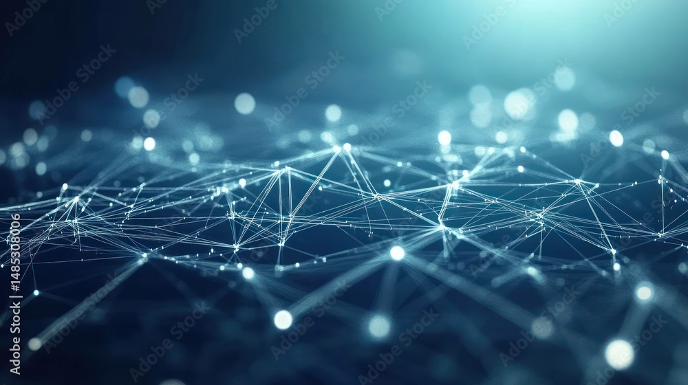 Poster network design featuring connected nodes and lines in blue color tones
