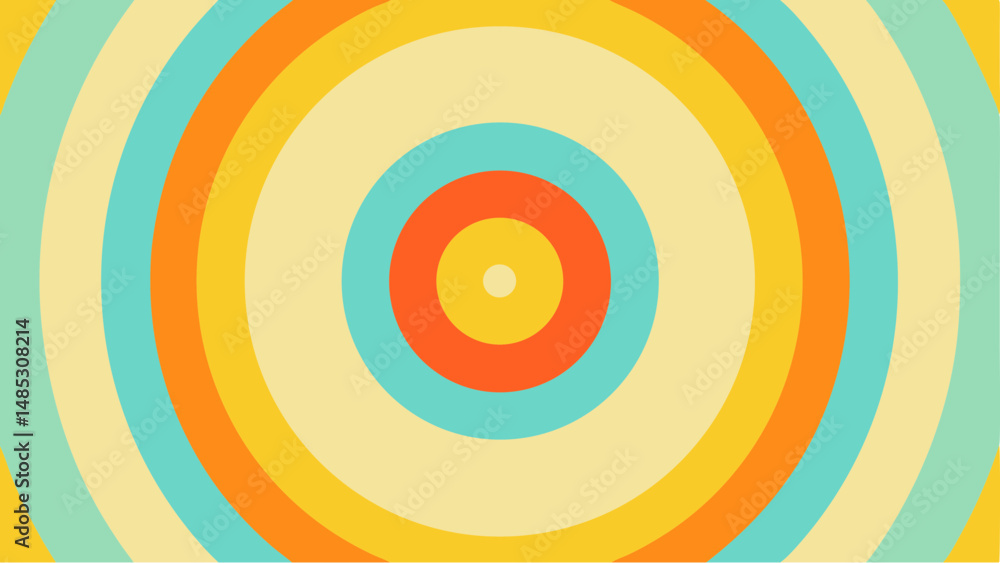 Poster abstract concentric circles pattern with yellow, orange, and blue colors creating a retro design sty