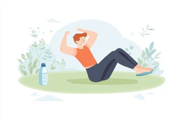 Person Exercising on Grass with Water Bottle Surrounded by Nature