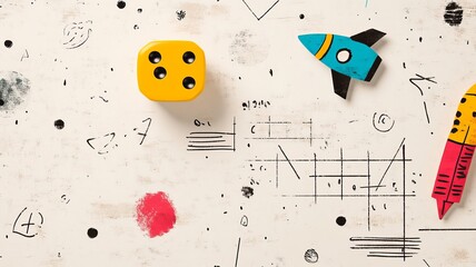 A digital collage of geek culture icons: D20 dice, space rockets, code snippets, comic book panels, math equations, and retro gaming graphics