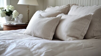 Cozy and inviting bedroom with elegant striped pillows, soft bedding, and beautifully arranged floral accents