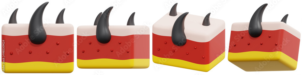 Poster set of abstract 3d cube with black spikes red yellow white layers 3d render icon illustration