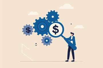 Cost effective, reduce cost and time to maximize better quality result, optimize cost and expense for better profit strategy concept, businessman with magnifier dollar money from cog gear production.