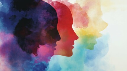 Colorful watercolor illustration of human profiles, representing thoug