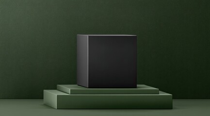Dark cube on green tiered platform