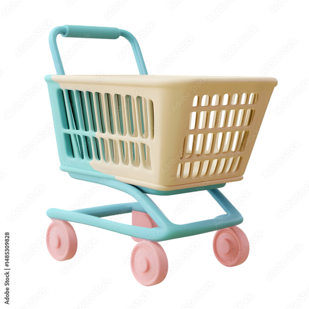 Poster light teal and beige shopping cart, seemingly empty, is presented in a 3d rendering. the image is co