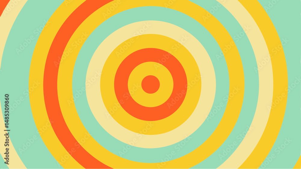 Poster circular pattern with concentric orange, yellow, and light blue rings creating a retro vibe design e