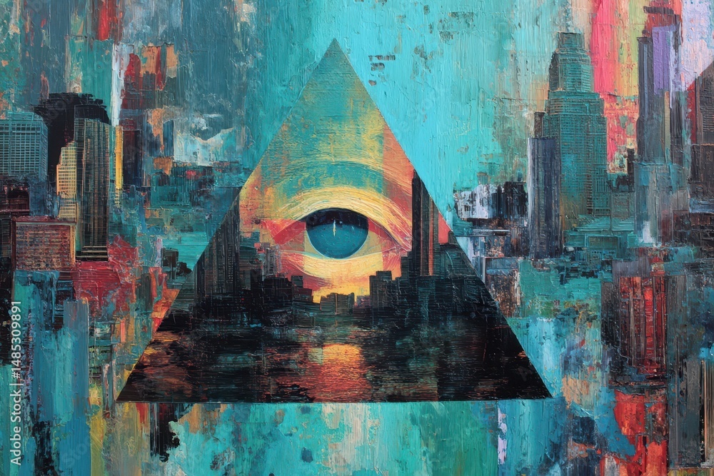Poster abstract cityscape composition within a triangular shape.