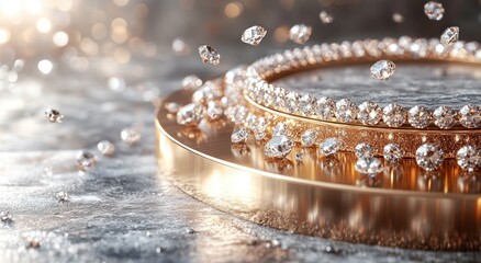 Golden pedestal showcasing sparkling diamonds and jewelry.