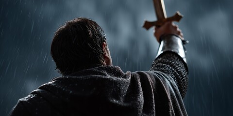 Medieval knight raising sword in rainy night victory celebration