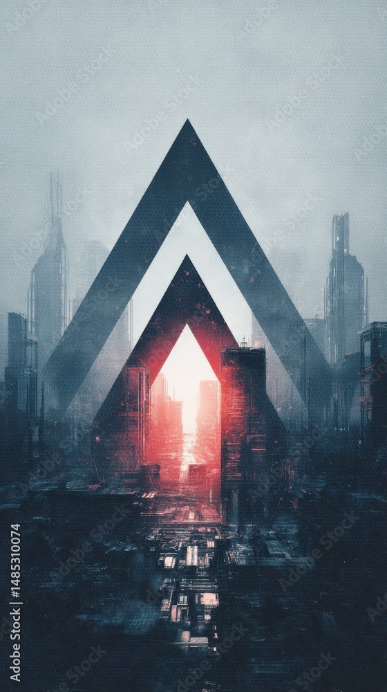 Aufkleber abstract cityscape design with a central triangular portal.