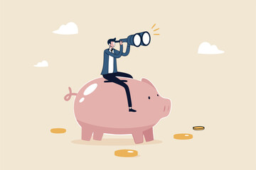 Financial future, discover investment opportunity, mutual fund or stock market pension fund, wealth management or savings concept, businessman riding piggybank look through binoculars to see future.