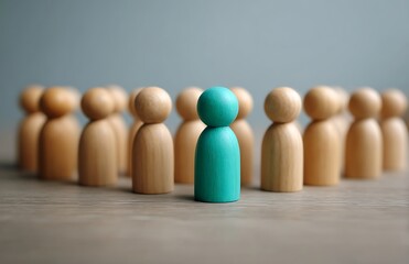 Unique Individual Standing Out Among a Crowd of Wooden Figures Teamwork Concept