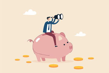 Financial future, discover investment opportunity, mutual fund or stock market pension fund, wealth management or savings concept, businessman riding piggybank look through binoculars to see future.