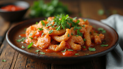 Fototapeta premium Deep fried Korean rice cake Tteokbokki with spicy sauce and greens on the plate