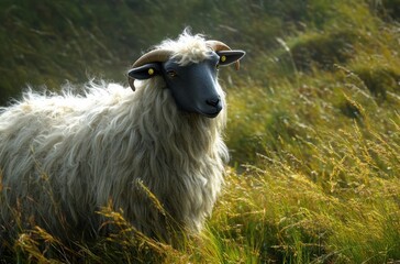 fluffy white sheep with dark face and curved horns standing in sunlit tall grass field