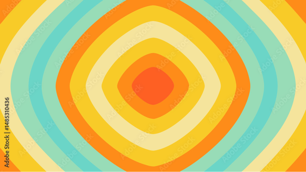 Poster abstract concentric squares in shades of orange yellow and blue creating a retro psychedelic pattern