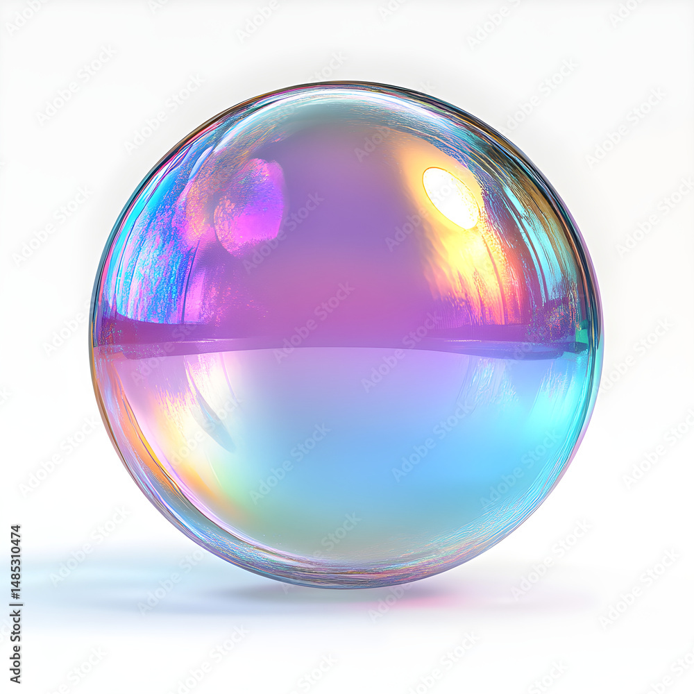 Poster iridescent soap bubble floating on white background
